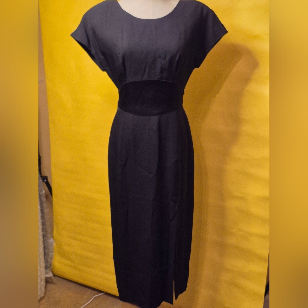 Donna Ricco Black Midi Dress with Defined Waist Panel